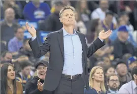  ?? JOSE CARLOS FAJARDO – STAFF PHOTOGRAPH­ER ?? Warriors head coach Steve Kerr, who played for and is a good friend of Spurs coach Gregg Popovich, takes on his mentor in the first round of the Western Conference playoffs.