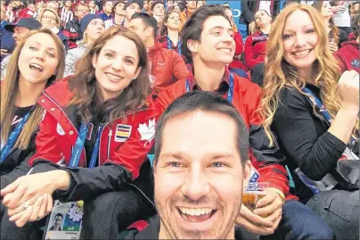  ?? SUBMITTED PHOTO ?? John Flood, foreground, snapped a selfie during the semi-final men’s hockey game between Germany and Canada at the Winter Olympics in Pyeongchan­g. Behind Flood, from left, are Canadian curlers Rachel Homan and Lisa Weagle, figure skater Scott Moir, and...