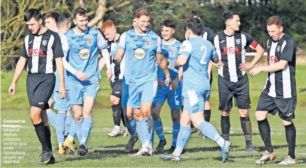  ?? ?? Contrast in fortunes Whitehill Welfare celebrate another goal while Stoneyburn players are dejected