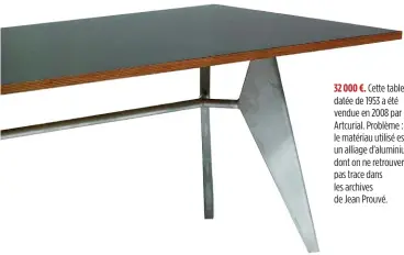  ??  ?? 32 000 €. Cette table datée de 1953 a été vendue en 2008 par Artcurial. Problème : le matériau utilisé est un alliage d’aluminium dont on ne retrouvera­it pas trace dans les archives de Jean Prouvé.
