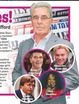  ??  ?? PR help… Simon Cowell
Scandal… David Mellor
Tabloid story…
Freddie Starr
Client… Diana Ross