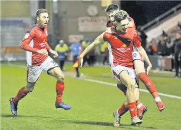  ??  ?? HERO: Callum Ainley celebrates his late winner for Crewe Alex on Saturday. Picture: Steve Finch