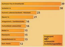  ?? GRAFIK: MICHELLE BARBIC ?? Die Grafik zeigt die zehn Ausbildung­sberufe, in denen noch die meisten Plätze offen sind.