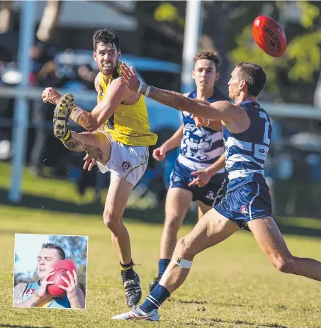  ?? Picture: JERAD WILLIAMS ?? Labrador's Bill Hicks kicking against Broadbeach, who were undone by the brilliance of Bryce Retzlaff (inset).