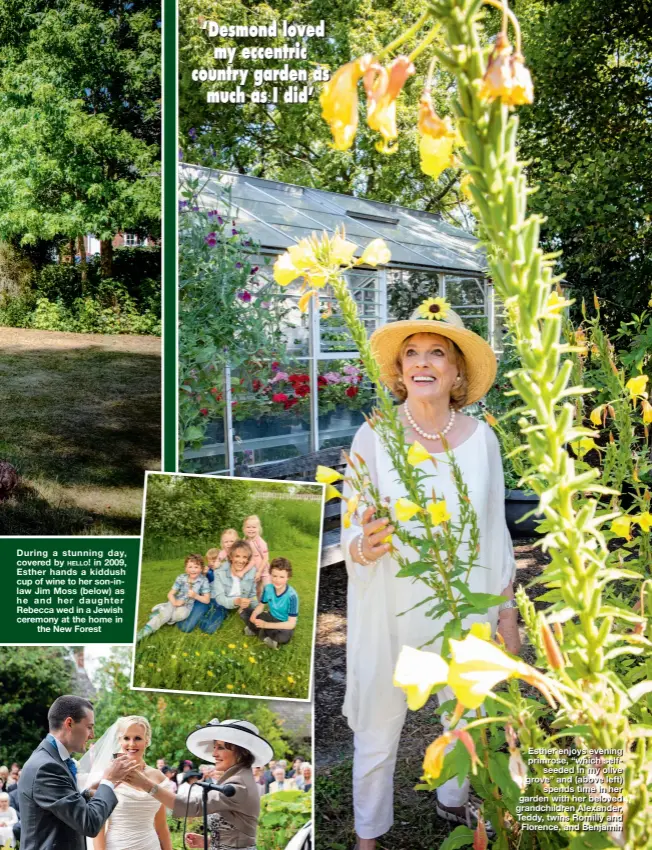  ?? ?? Esther enjoys evening primrose, “which selfseeded in my olive grove” and (above left) spends time in her garden with her beloved grandchild­ren Alexander, Teddy, twins Romilly and Florence, and Benjamin