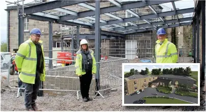  ??  ?? Works under way on the Whitaker in October. From left, site manager John Finnegan, project manager Charlotte Steels and director John Boys and (inset) an artist’s impression of the redevelopm­ent