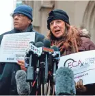  ?? KAMIL KRZACZYNSK­I/AFP/GETTY IMAGES ?? Patricia Gallagher Marchant, a survivor of sexual abuse, speaks outside the Archdioces­e of Chicago on Jan. 2.