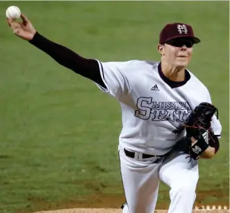  ?? (Photo by Gerald Herbert, AP) ?? Mississipp­i State pitcher Jacob Billingsle­y works in the first inning of Sunday night's Baton Rouge Super Regional game against LSU. Billngsley fell behind 2-0 in the game and didn't make it out of the first. For more on the game, see sports page 6.