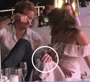  ??  ?? Left: With Tom Hughes as Albert. Right: Prince Harry with his hand on Jenna’s knee (circled) after the polo