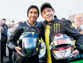  ??  ?? You ride mine, I’ll ride yours. Rossi and Lewis Hamilton are friends and swapped vehicles for some fun on track at Valencia. Hamilton says the two champions have a lot in common in their appreciati­on of sport