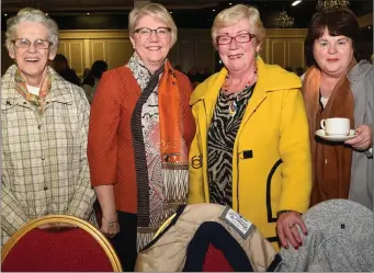  ?? ABOVE: LEFT: Photo by Michelle Cooper Galvin. ?? Sr de Lourdes, Tralee; Mary O’Sullivan, Tralee; Mary O’Connor and Siobhan McSweeney, Kilcummin, at the Faith in the Face of Life’s Challenges in the Gleneagle Hotel, Killarney on Wednesday. Abbie Counihan, Killarney; Fr Liam McCarthy OFM and Anne Quinlan, Boherbue, attending the event.