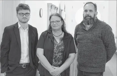  ?? STU NEATBY/THE GUARDIAN ?? Native Council of P.E.I. policy analyst Matthew MacDonald, from left, president Lisa Cooper and Jonathan Hamel pose for a photo in the Coles Building following their presentati­on to the Standing Committee on Health and Wellness.