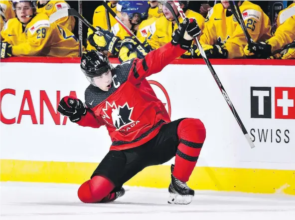  ?? — GETTY IMAGES ?? Canadian captain Dylan Strome celebrates his third-period goal during a world junior championsh­ip semifinal against Sweden at the Bell Centre Wednesday in Montreal. Canada rebounded from a rough start for a 5-2 victory and will play the U.S. for gold.