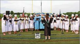  ?? JESI YOST — FOR DIGITAL FIRST MEDIA ?? The national anthem is performed by the Daniel Boone Area High School Choir graduating seniors at the start of Friday’s ceremony.