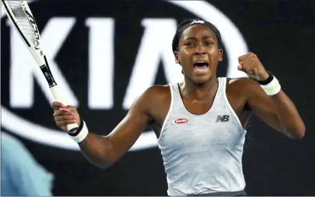  ?? DITA ALANGKARA — THE ASSOCIATED PRESS ?? United States’ Cori “Coco” Gauff reacts during her first round singles match against compatriot Venus Williams at the Australian Open tennis championsh­ip in Melbourne, Australia, Monday.