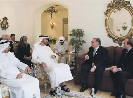  ??  ?? Sheikh Mohamed bin Zayed, Crown Prince of Abu Dhabi and Deputy Supreme Commander of the Armed Forces, meets Joel Rosenberg, second right, at the Sea Palace Mohamed Al Hammadi / Crown Prince Court - Abu Dhabi