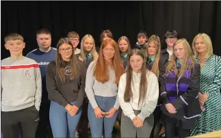  ?? ?? Pictured are last year’s students who returned for prize-giving celebratio­ns (from left) Sean Mcelholm, Che Calgie, Niamh Doherty, Aaron Aiken, Iona Mcneill, Roisin Charles, Natasha Malone, Rebecca Cassidy, Ken Neely, Erin Mcfadden, Curtis
Garrity, Eilish Monaghan. Accompanie­d by Ms. Flanagan and Mrs. Corrigan.