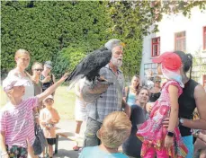  ?? ?? Zaghafte Streichelv­ersuche, aber auch jede Menge Respekt erntet der Adler von Falkner Franz Ruchlak beim Schlosserl­ebnistag in Sigmaringe­n.