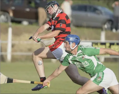  ??  ?? Cathal Browne shoots a Newmarket goal against Kanturk in the Central Stores Duhallow U-21 HC. Photo by John Tarrant