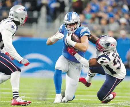  ?? REY DEL RIO/GETTY IMAGES ?? Luke Willson, being tackled by the Patriots’ Elandon Roberts at Ford Field, said he won’t take Sunday’s win for granted.