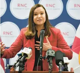  ?? FILE ?? Florida Attorney General Ashley Moody gestures as she speaks during a Get Out To Vote rally Oct. 18, 2022, in Tampa.