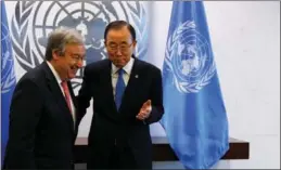  ?? REUTERS / BRENDAN MCDERMID ?? Secretary-General-designate Antonio Guterres (left) of Portugal is greeted by UN Secretary General Ban Ki-moon at United Nations headquarte­rs in New York on Thursday.
