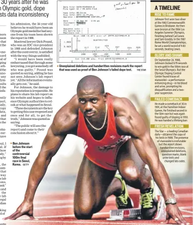  ?? GETTY THE STAR ?? Ben Johnson before the start of the controvers­ial 100m final race in Seoul, Korea. Unexplaine­d deletions and handwritte­n revisions mark the report that was used as proof of Ben Johnson’s failed dope test.