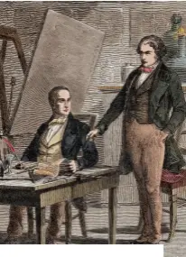  ??  ?? En 1829, Louis Daguerre (1787-1851) rend visite à Nicéphore Niépce (17651833), dans sa campagne du Gras, près de Châlonsur-Saône. Celui-ci (à gauche), lui décrit son procédé pour la fixation des images de la chambre obscure.