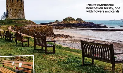  ??  ?? Tributes: Memorial benches on Jersey, one with flowers and cards