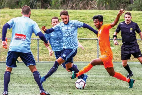  ??  ?? Action from a friendly between India U- 23 team and hosts Sydney FC on Tuesday. The hosts won 3- 0.