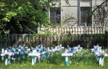  ?? The Canadian Press ?? A man looks out a window from inside Camilla Care Community centre at crosses marking the deaths that have occurred during the COVID19 pandemic in Mississaug­a, Ont., on Tuesday.