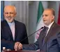  ?? AFP ?? Iranian Foreign Minister Javad Zarif and Iraqi Foreign Minister Ali Al Hakim shake hands after a press conference in Baghdad. —