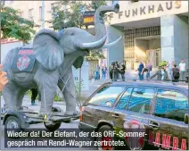  ??  ?? Wieder da! Der Elefant, der das Orf-sommergesp­räch mit Rendi-wagner zertrötete.