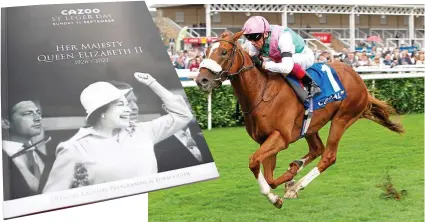  ?? RACINGFOTO­S.COM ?? Fitting tribute: the Queen on the racecard and (right) Dettori winning on Chaldean