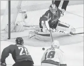  ?? GEOFF BURKE/ USA TODAY ?? Washington Capitals goalie Braden Holtby makes one of his 30 saves on a shot by New York Rangers defenseman Marc Staal (18) in the second period of a 1-0 victory in Game 3 of a Stanley Cup Eastern Conference semifinal series Monday night in Washington.