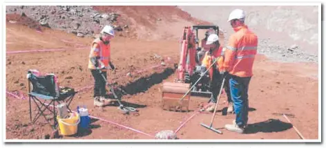  ?? Pictures: Contribute­d ?? DIGGING UP HISTORY: The Nexus team using a metal detector to locate coins from Hoard B in compacted soil.