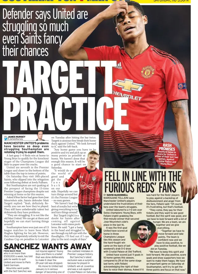  ??  ?? RASH PROMISES Rashford failed to score for United in either of their last two games, against Crystal Palace and Young Boys