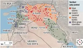  ??  ?? km
0
Latakia
Tartus
BEIRUT
100
FONT: Reuters
Alep
Kobane
Homs
Palmira DAMASC
Al-Raqqa Mossul Irbil Kirkuk
Tikrit
Fal·luja
Karbala
Suleimaniy­a
BAGDAD
Bàssora Territori sota control Estat Islàmic Govern nacional Forces kurdes Altres...