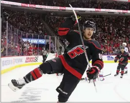  ?? BRUCE BENNETT — THE ASSOCIATED PRESS ?? The Hurricanes’ Teuvo Teravainen celebrates a second-period power play goal against the Rangers during Game 5of their second-round playoff series on Thursday.