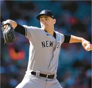  ?? NICK WASS/AP ?? Yankees relief pitcher Lucas Luetge throws during a game against the Orioles on April 17 in Baltimore.