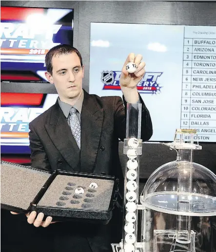  ?? GRAIG ABEL/ NHLI VIA GETTY IMAGES/ FILES ?? John Wheat loads lottery balls for the NHL draft last April. Now, if the last-place team doesn’t win the first lottery, it doesn’t get a big bump in other draws, Scott Stinson writes.