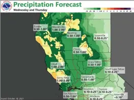  ?? CONTRIBUTE­D — NATIONAL WEATHER SERVICE ?? A map of the rain expected to fall in Northern California from Tuesday night through the weekend.