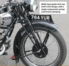  ??  ?? Webb-type girder fork was Ariel’s own design, with a single compressio­n spring and friction damping