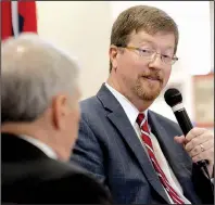  ?? Arkansas Democrat-Gazette/JOHN SYKES JR. ?? Arkansas Education Commission­er Johnny Key, interviewe­d Wednesday by Skip Rutherford, dean of the Clinton School of Public Service, said he doesn’t see state control of the Little Rock School District lasting the whole five years permitted under law.