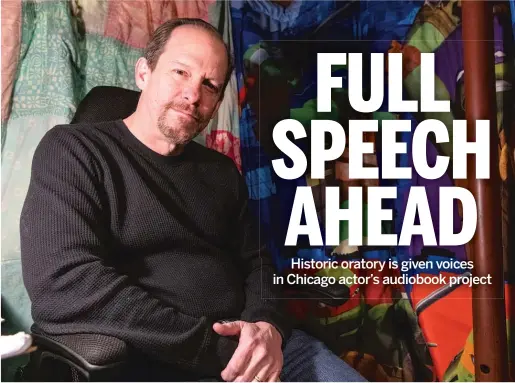  ?? TYLER LARIVIERE/SUN-TIMES ?? Actor and director Kevin Theis is photograph­ed in his basement recording booth.