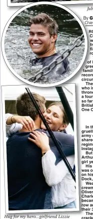  ??  ?? Hug for my hero...girlfriend Lizzie greets Arthur in London yesterday