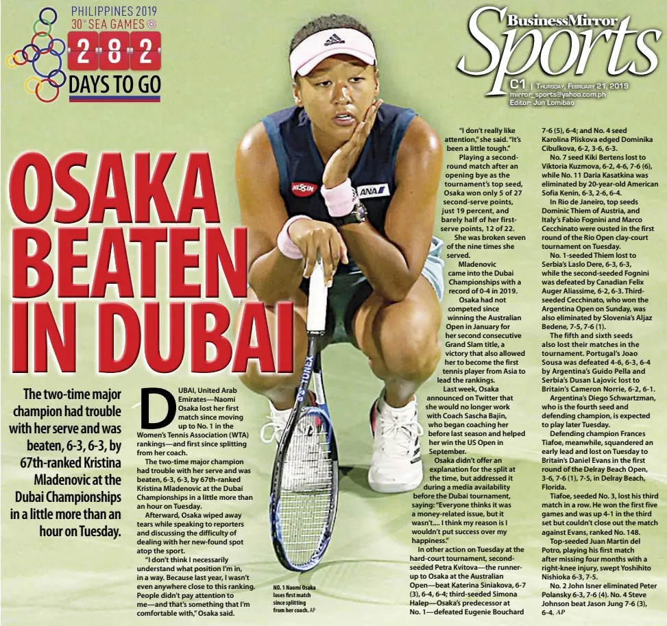  ??  ?? NO. 1 Naomi Osaka loses first match since splitting from her coach. AP