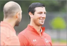  ?? Tyler Sizemore / Hearst Connecticu­t Media ?? Greenwich football coach John Marinelli chats on media day at Cardinal Stadium on Aug. 19.