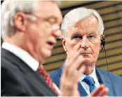  ??  ?? David Davis, the Brexit Secretary, and Michel Barnier, the EU’s chief negotiator, at their joint press conference