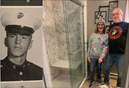  ?? SUBMITTED PHOTO ?? Left: A photo of Veteran Lee Watkins in service. Right: The Watkins and their new shower provided by New York Sash